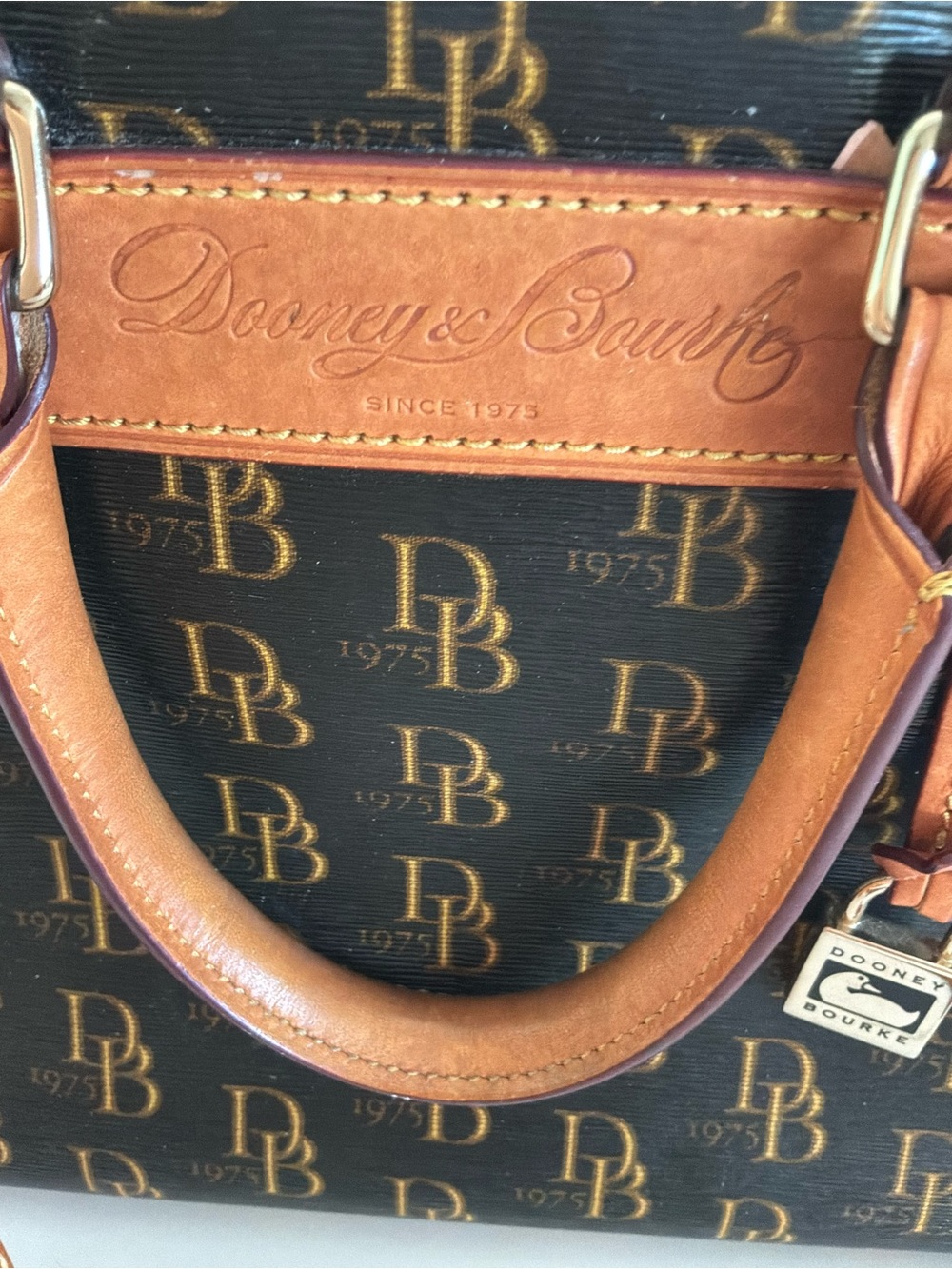 Dooney & Bourke Brown Logo Satchel with Tan Leather Trim and Crossbody Strap - Picture 2 of 16